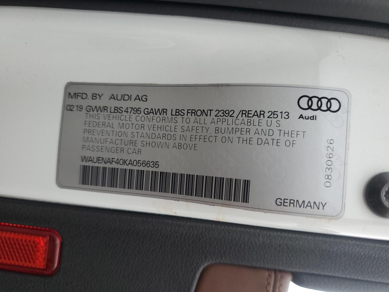 2019 Audi A4 Premium Plus VIN: WAUENAF40KA056635 Lot: 81600255