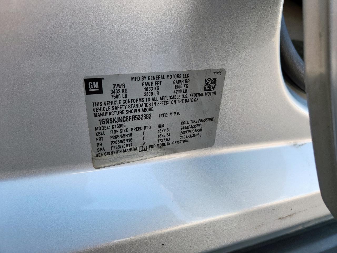 2015 Chevrolet Suburban K1500 Lt VIN: 1GNSKJKC8FR532382 Lot: 81483035