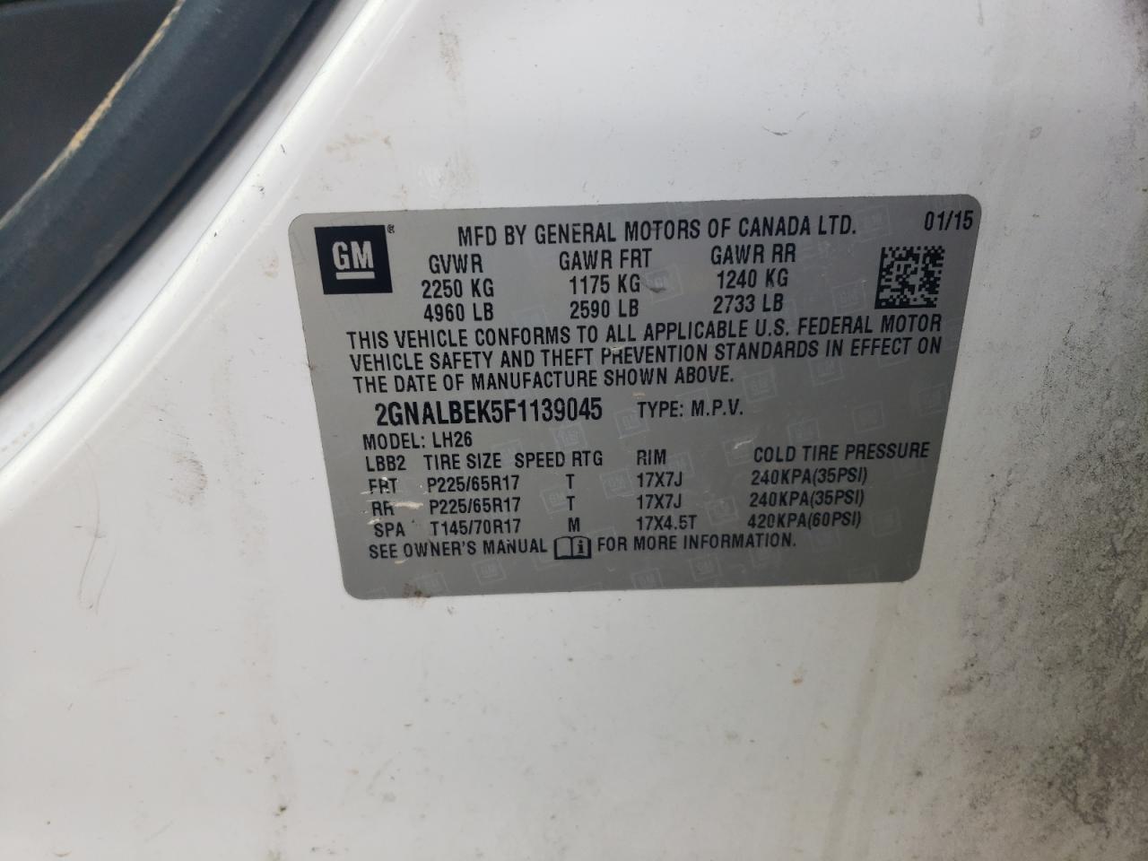 2015 Chevrolet Equinox Lt VIN: 2GNALBEK5F1139045 Lot: 83868485
