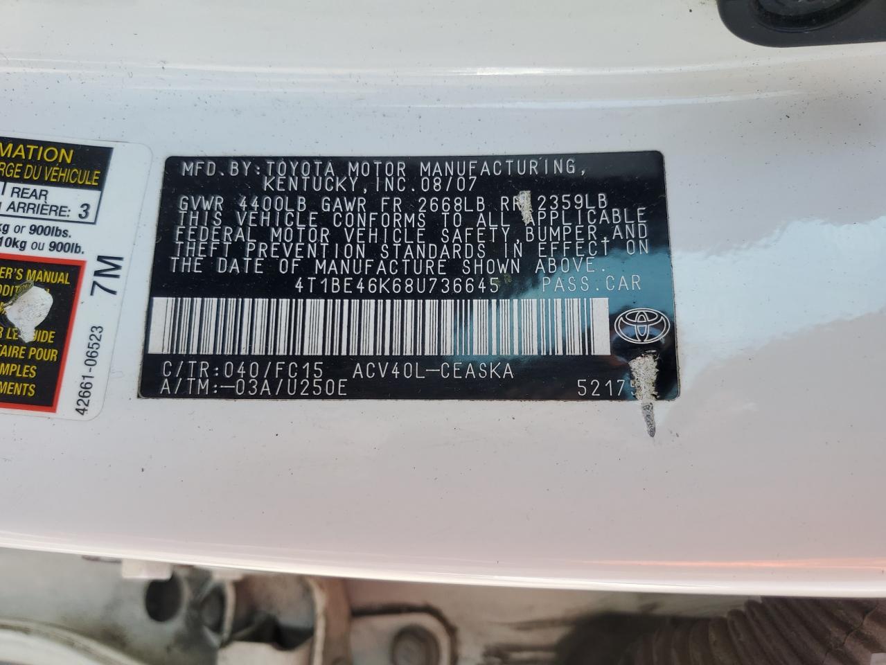 2008 Toyota Camry Ce VIN: 4T1BE46K68U736645 Lot: 81095935