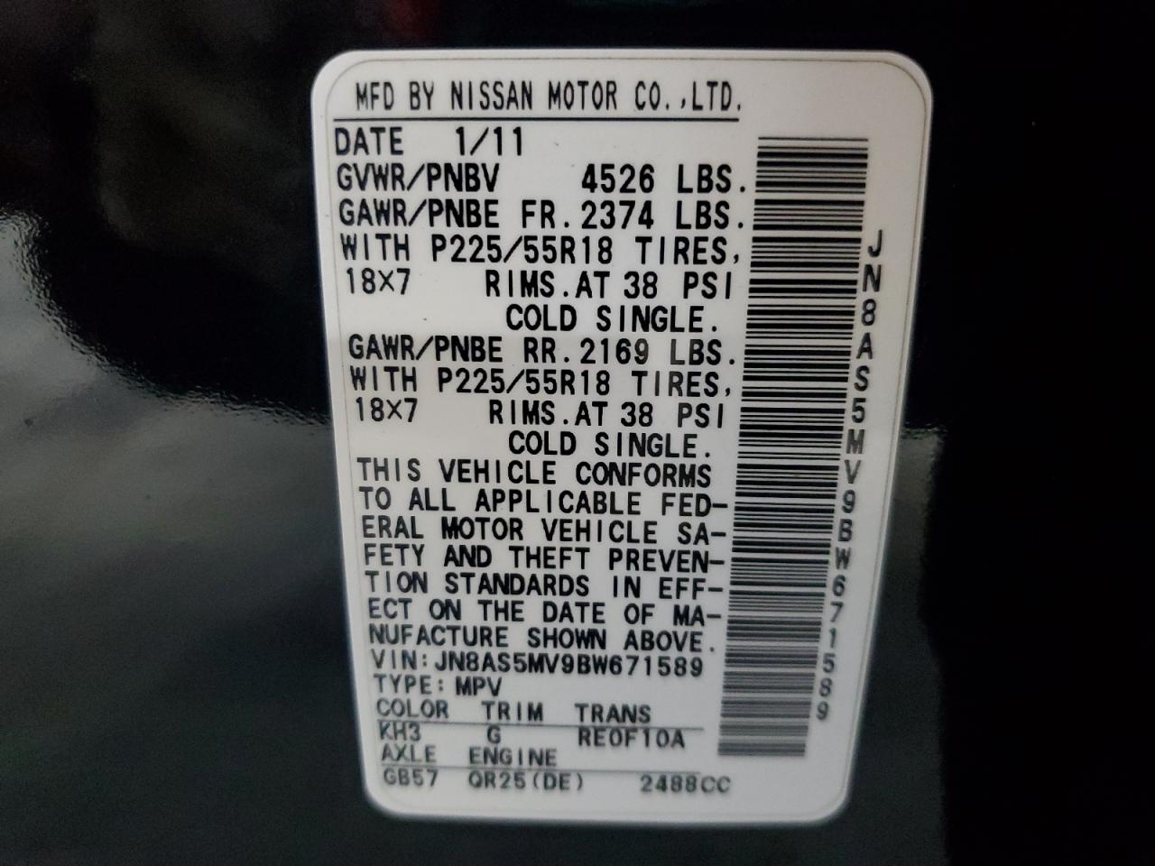 2011 Nissan Rogue S VIN: JN8AS5MV9BW671589 Lot: 86161175