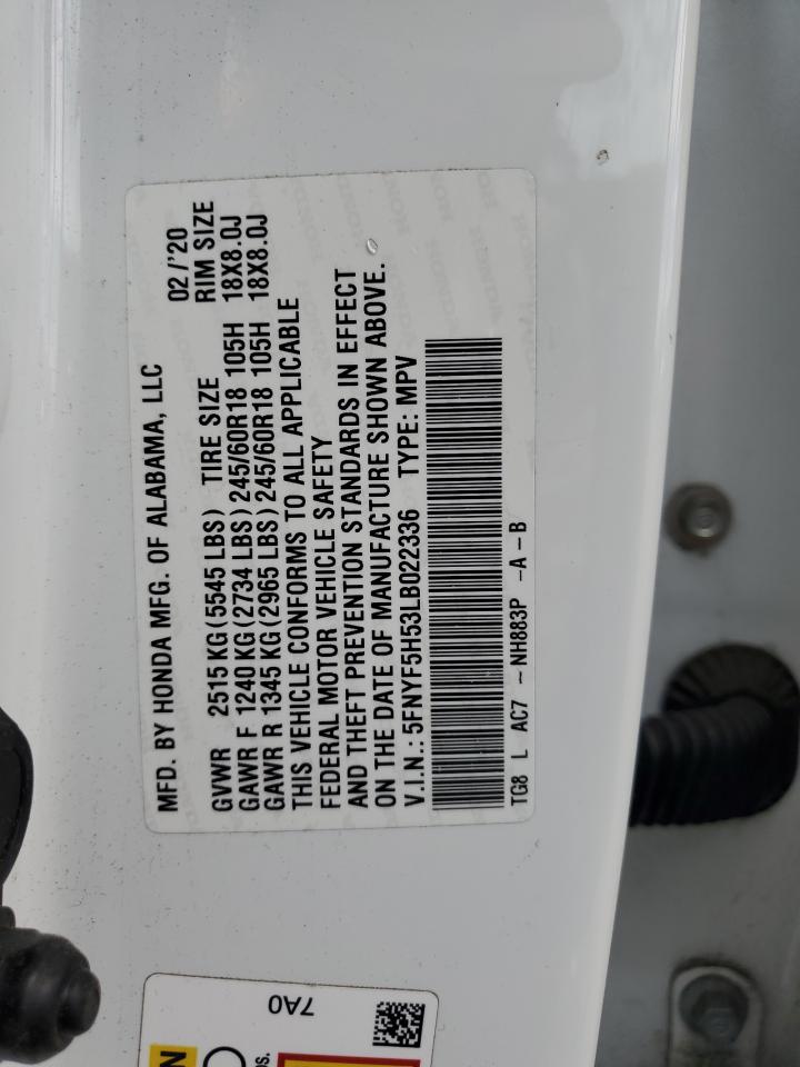 2020 Honda Pilot Exl VIN: 5FNYF5H53LB022336 Lot: 83865865