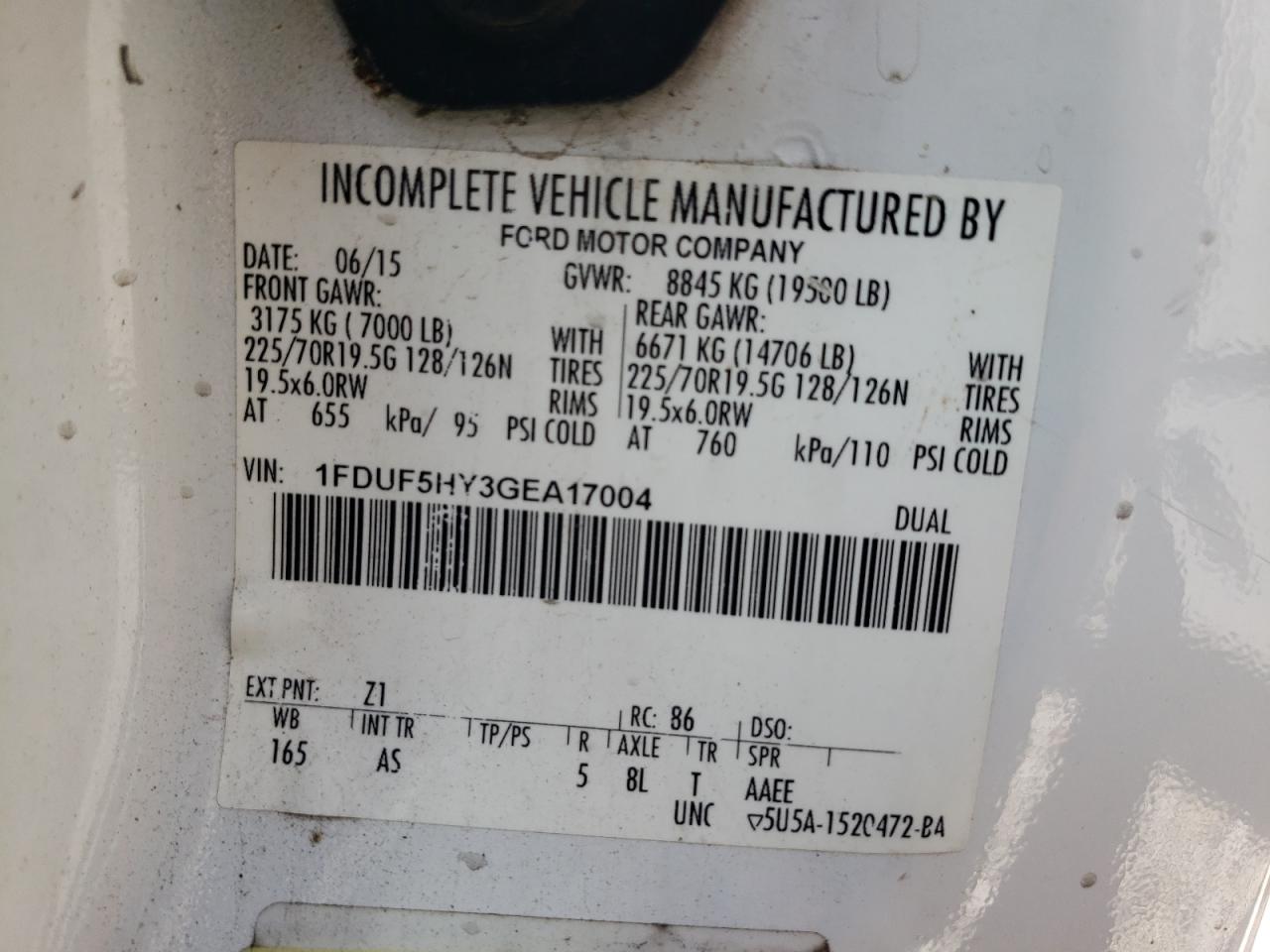 2016 Ford F550 Super Duty VIN: 1FDUF5HY3GEA17004 Lot: 80789385