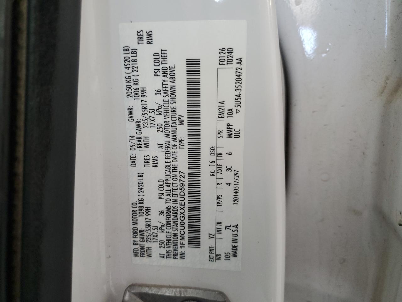 2014 Ford Escape Se VIN: 1FMCU0GXXEUD59727 Lot: 81601285