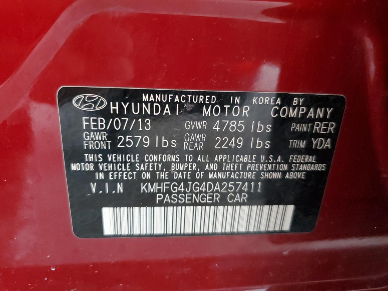 2013 Hyundai Azera VIN: KMHFG4JG4DA257411 Lot: 81181535