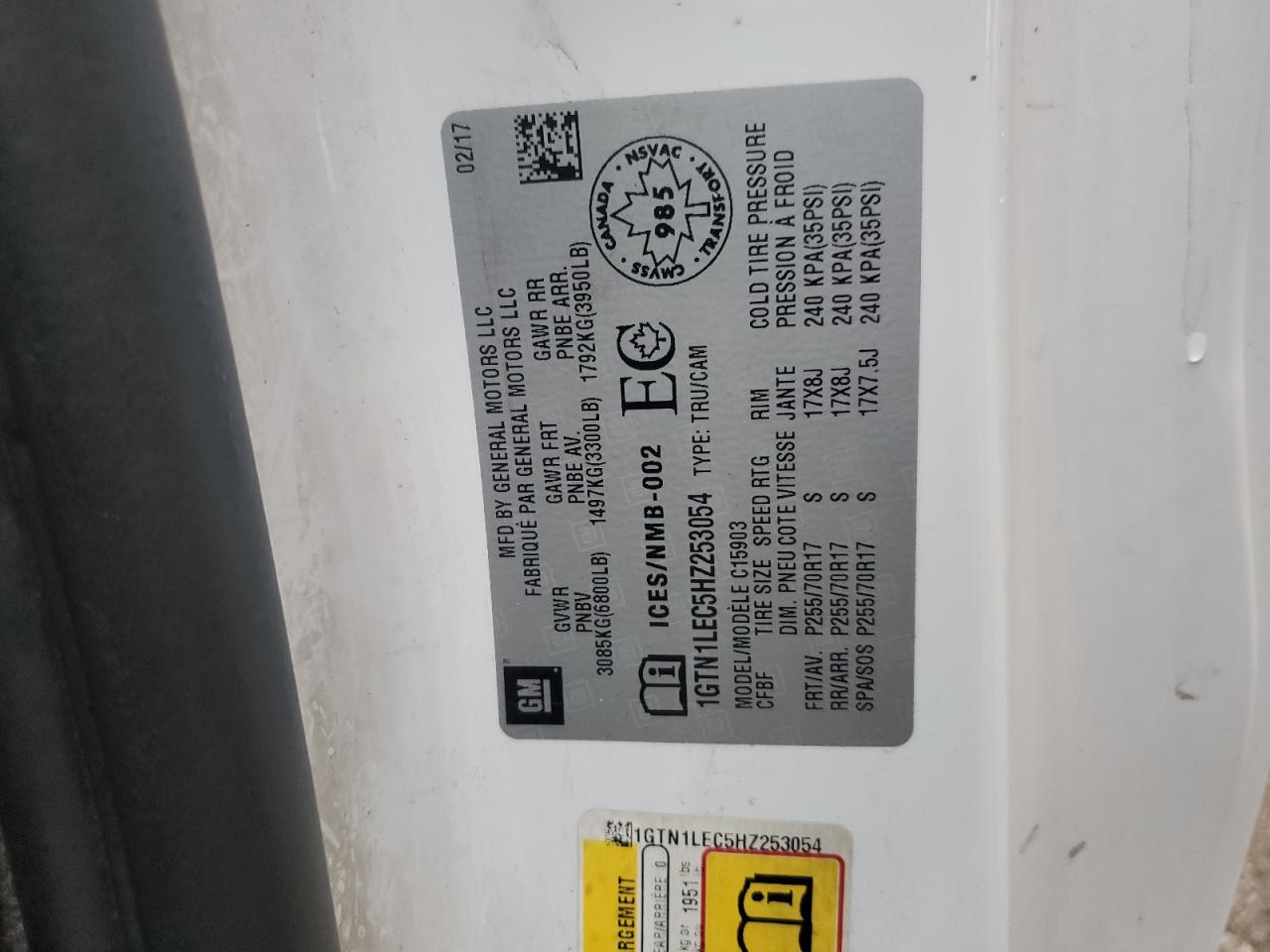 2017 GMC Sierra C1500 VIN: 1GTN1LEC5HZ253054 Lot: 81016595