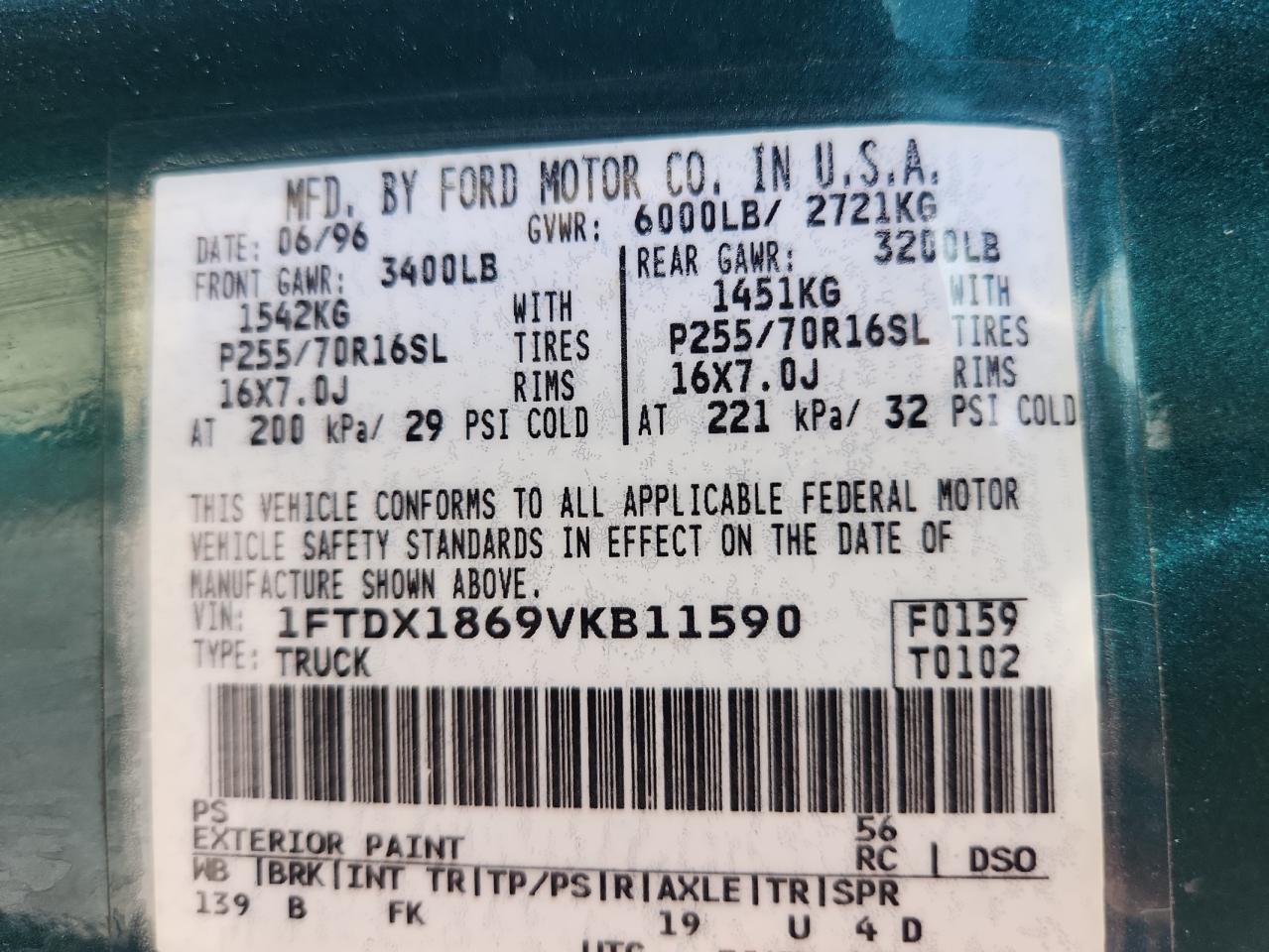 1997 Ford F150 VIN: 1FTDX1869VKB11590 Lot: 81113915