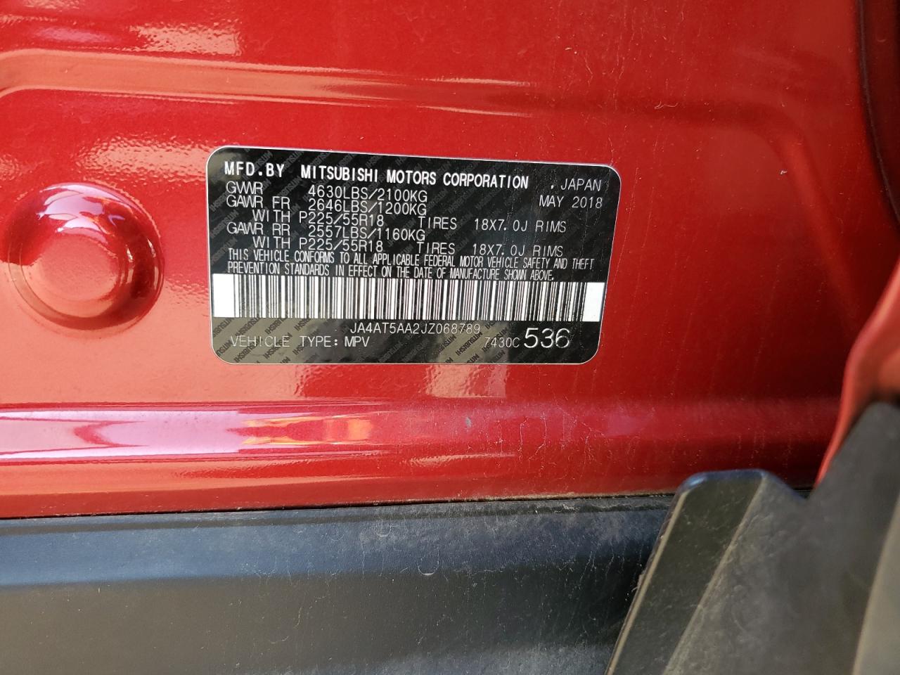 2018 Mitsubishi Eclipse Cross Se VIN: JA4AT5AA2JZ068789 Lot: 81827265