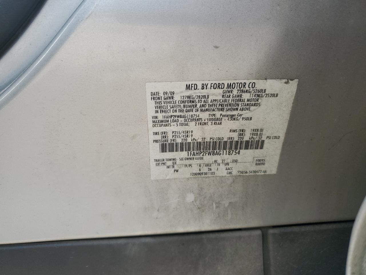 2010 Ford Taurus Limited VIN: 1FAHP2FW8AG118754 Lot: 80505235