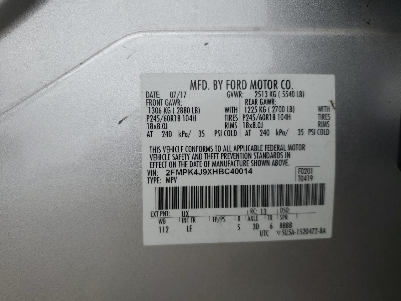 2017 Ford Edge Sel VIN: 2FMPK4J9XHBC40014 Lot: 83807865