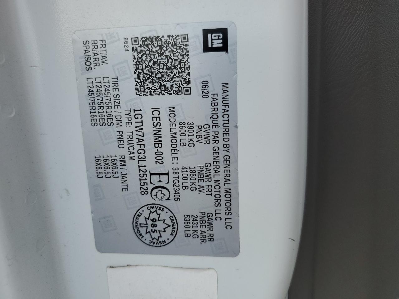 2020 GMC Savana Cg Van 2500 4 VIN: 1GTW7AFG3L1251528 Lot: 80287895