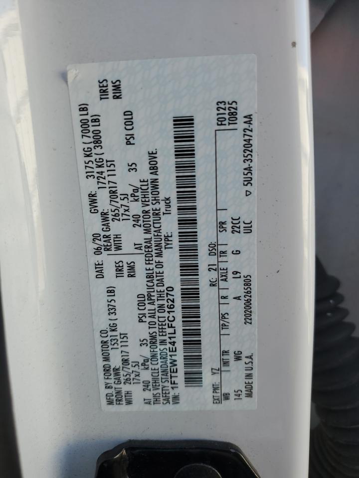 2020 Ford F150 Supercrew VIN: 1FTEW1E41LFC16270 Lot: 80120205