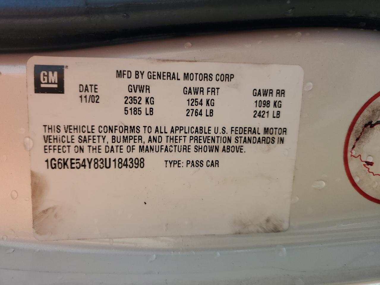 2003 Cadillac Deville Dhs VIN: 1G6KE54Y83U184398 Lot: 81302515