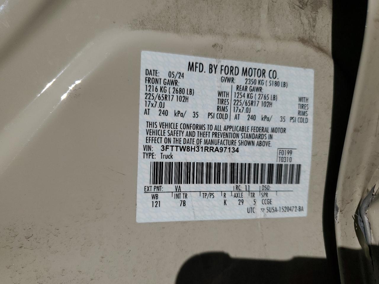 2024 Ford Maverick Xlt VIN: 3FTTW8H31RRA97134 Lot: 81264085