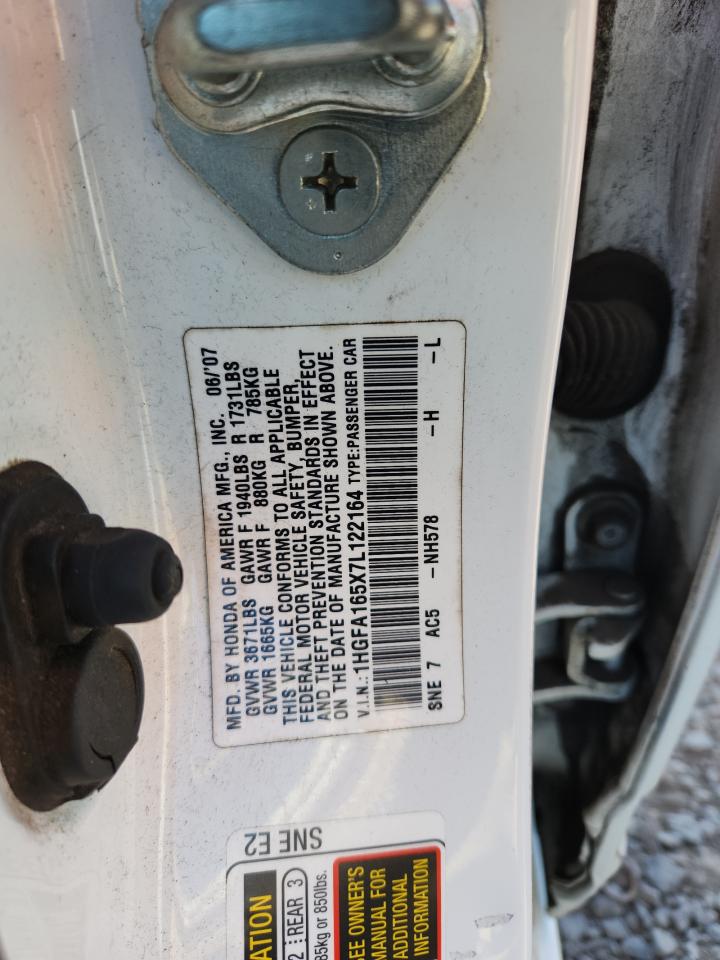 2007 Honda Civic Lx VIN: 1HGFA165X7L122164 Lot: 71739455
