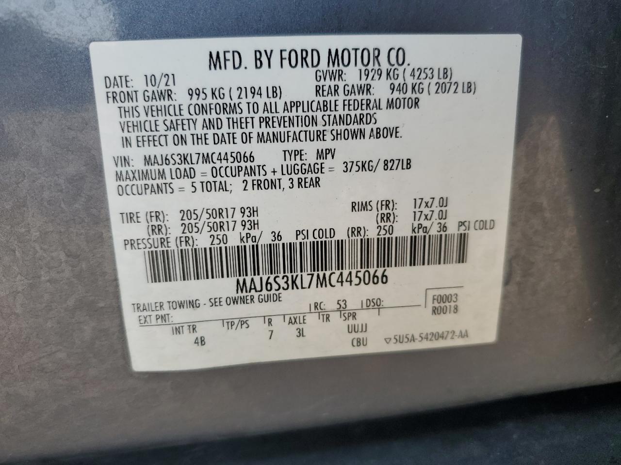 2021 Ford Ecosport Titanium VIN: MAJ6S3KL7MC445066 Lot: 71181805