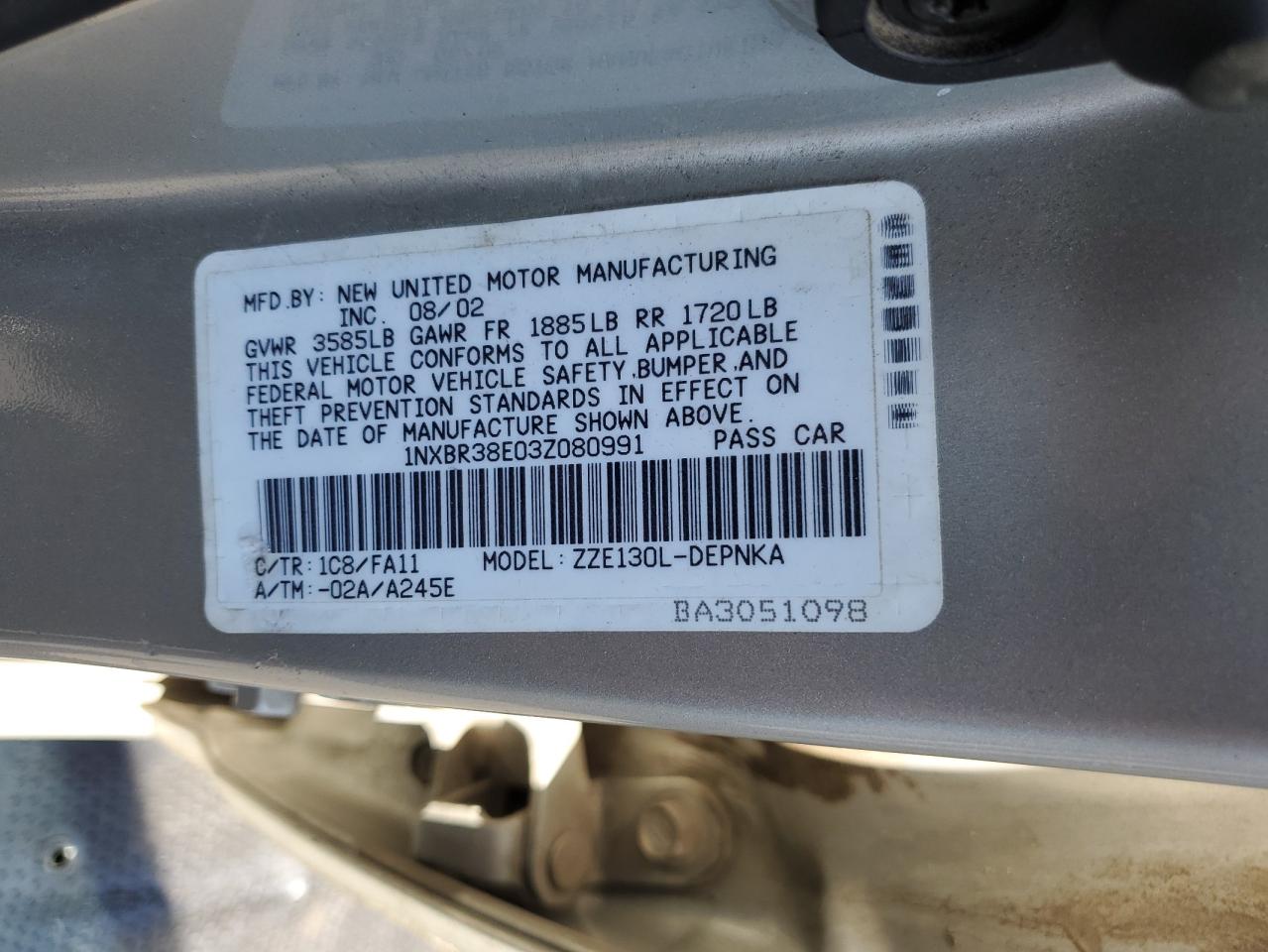 2003 Toyota Corolla Ce VIN: 1NXBR38E03Z080991 Lot: 71499295