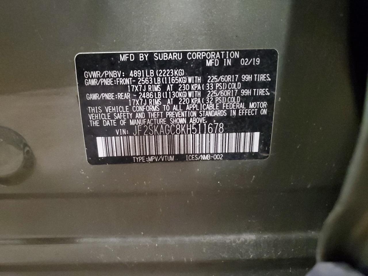 2019 Subaru Forester Premium VIN: JF2SKAGC8KH511678 Lot: 80069685