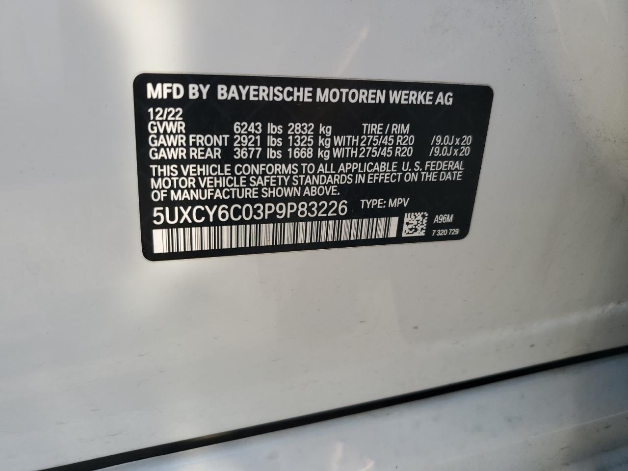 2023 BMW X6 xDrive40I VIN: 5UXCY6C03P9P83226 Lot: 81075045