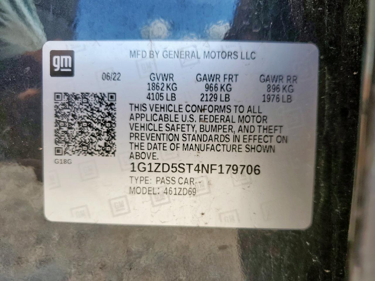 2022 Chevrolet Malibu Lt VIN: 1G1ZD5ST4NF179706 Lot: 82110475