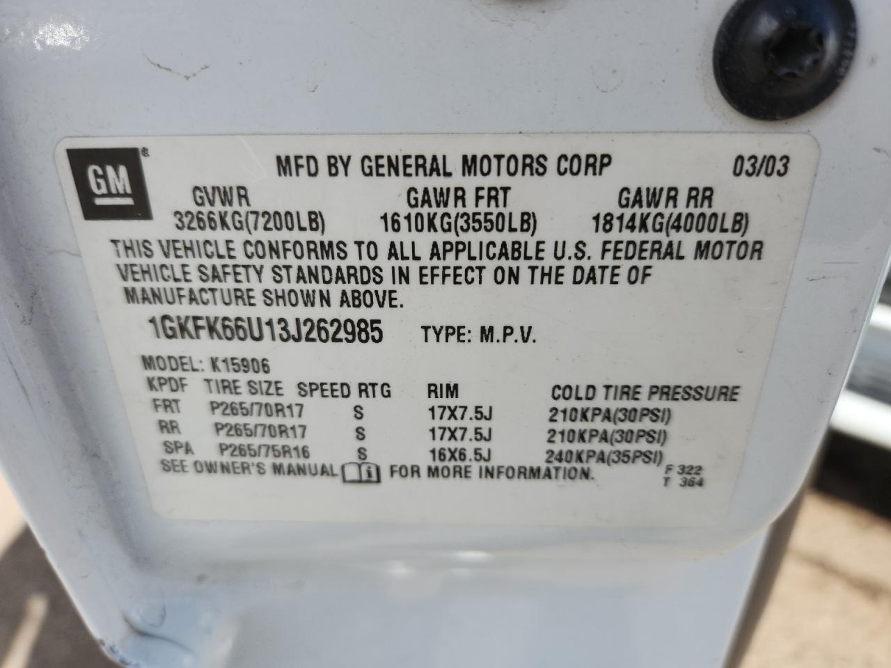 2003 GMC Yukon Xl Denali VIN: 1GKFK66U13J262985 Lot: 81145725