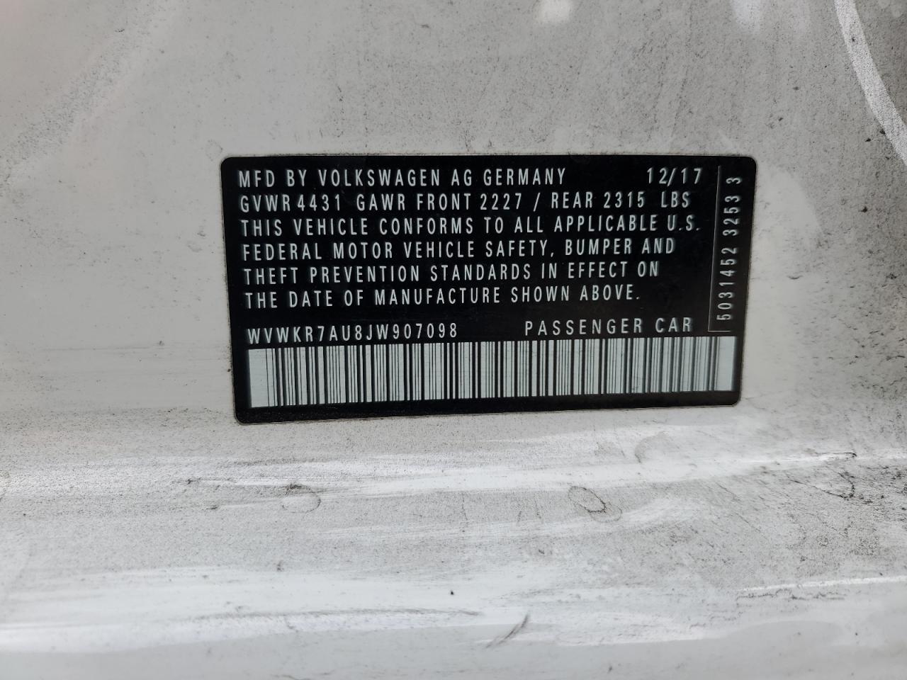 2018 Volkswagen E-Golf Se VIN: WVWKR7AU8JW907098 Lot: 80126595