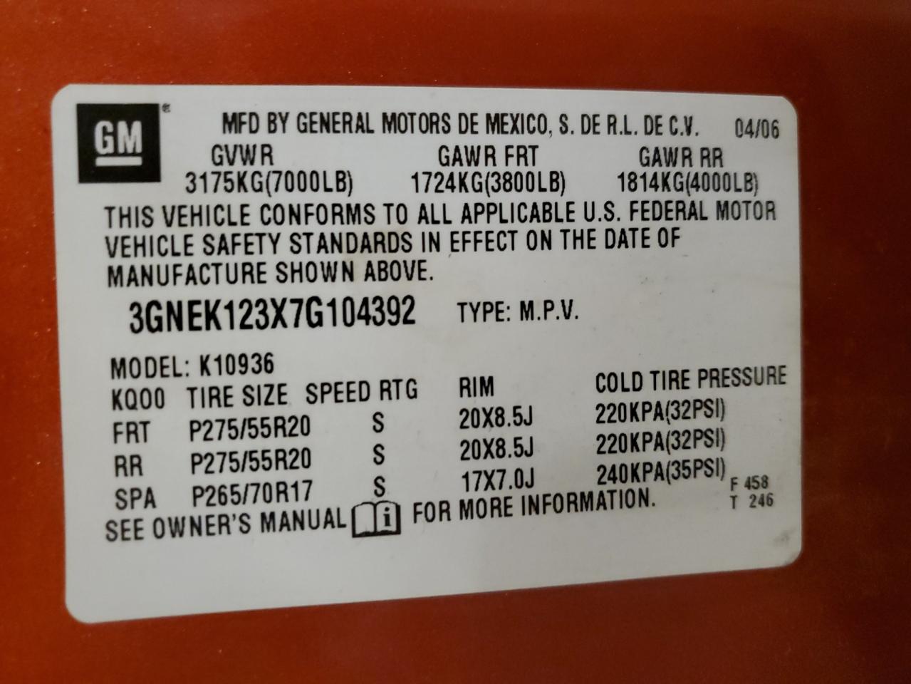 2007 Chevrolet Avalanche K1500 VIN: 3GNEK123X7G104392 Lot: 71546045