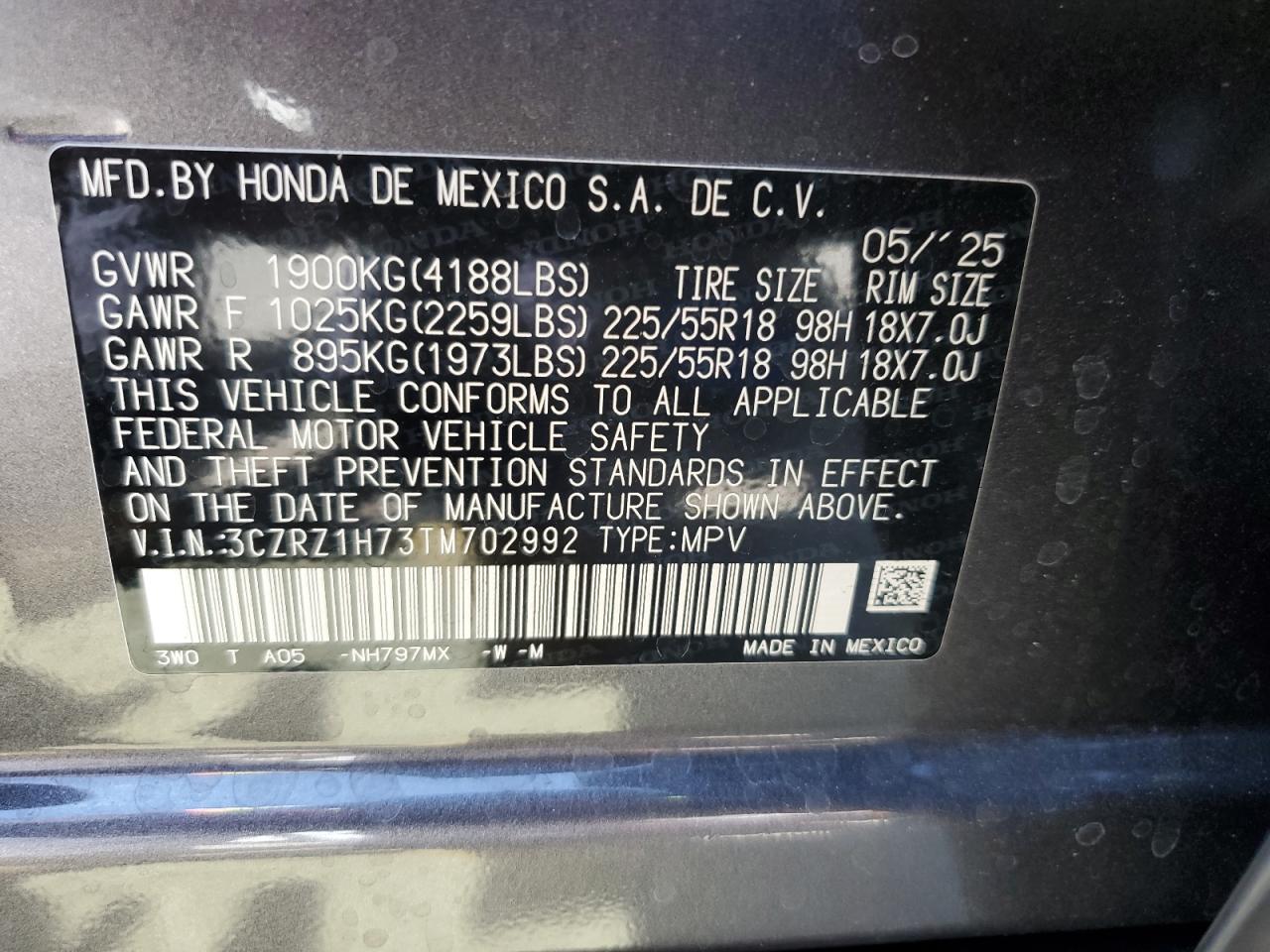 2026 Honda Hr-V Exl VIN: 3CZRZ1H73TM702992 Lot: 80163715
