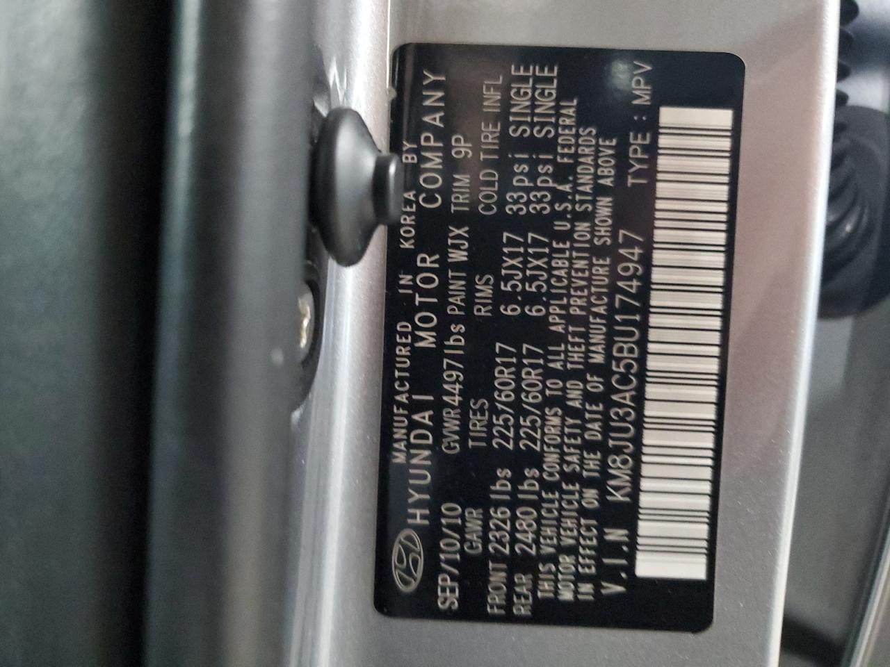 2011 Hyundai Tucson Gls VIN: KM8JU3AC5BU174947 Lot: 81733185