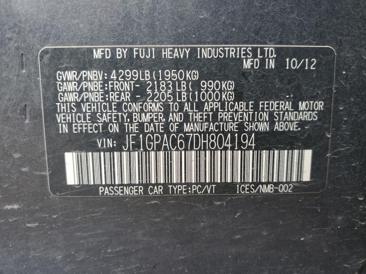 2013 Subaru Impreza Premium VIN: JF1GPAC67DH804194 Lot: 80540905