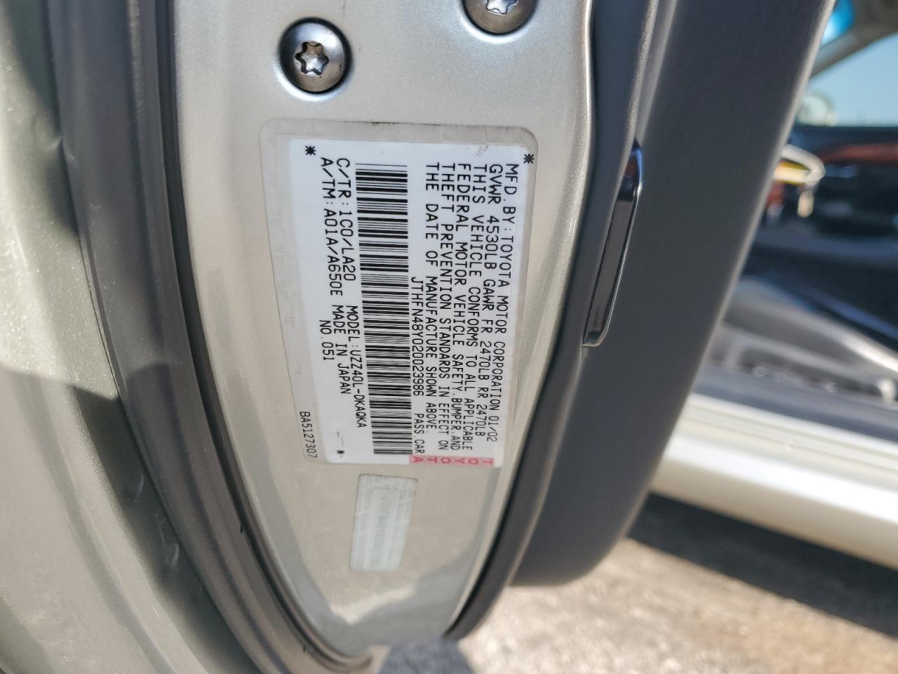 2002 Lexus Sc 430 VIN: JTHFN48Y020023986 Lot: 81902725