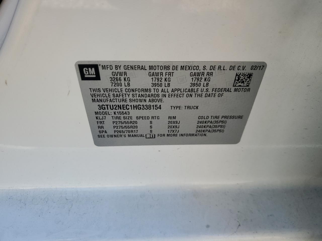 2017 GMC Sierra K1500 Slt VIN: 3GTU2NEC1HG338154 Lot: 71581065