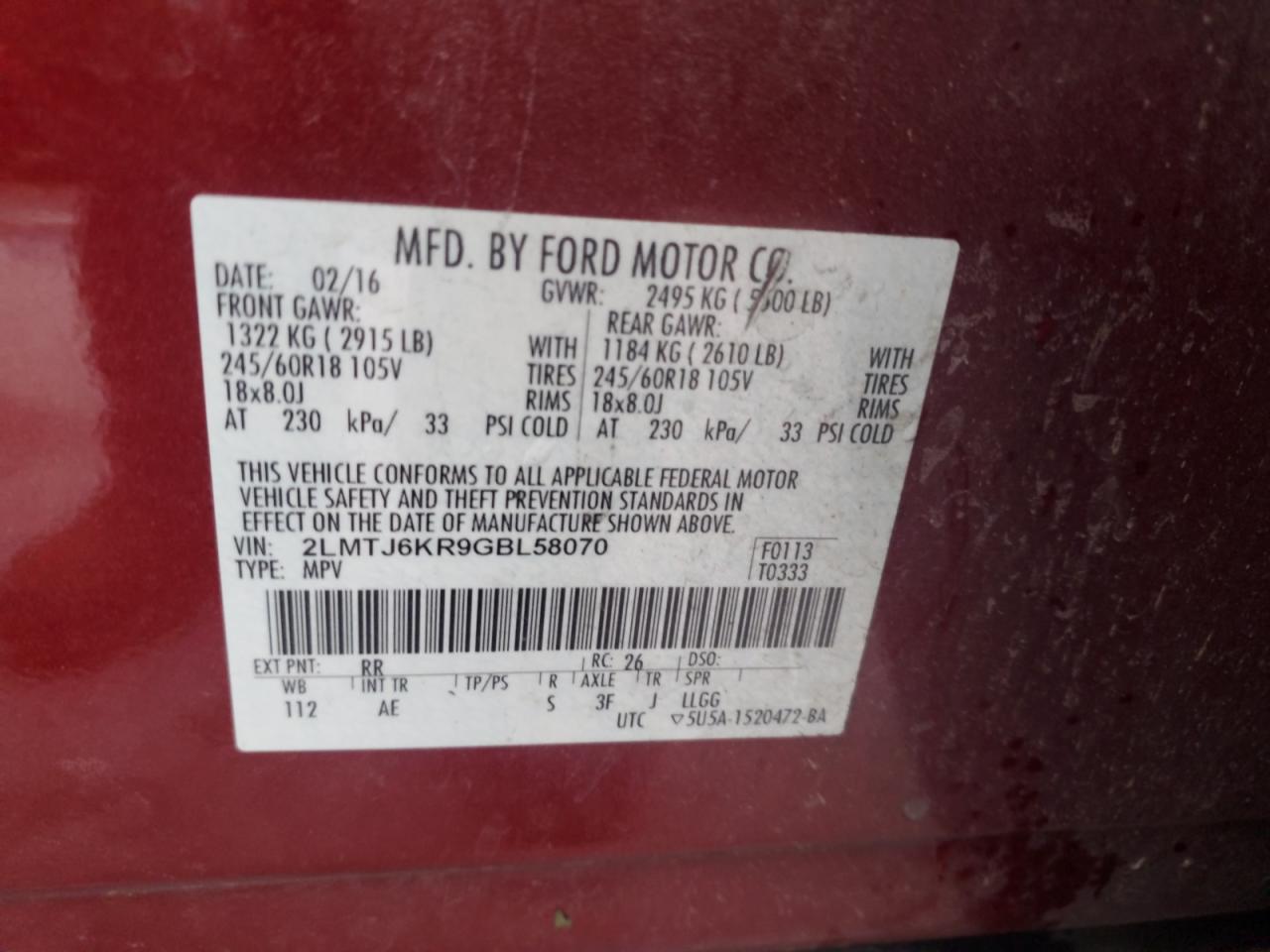 2016 Lincoln Mkx Select VIN: 2LMTJ6KR9GBL58070 Lot: 71679235