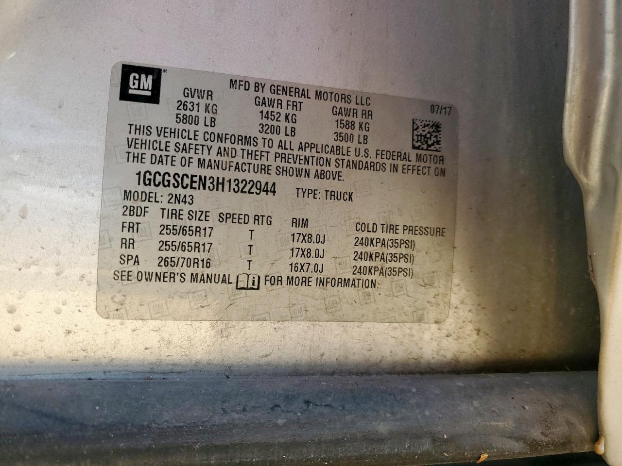 2017 Chevrolet Colorado Lt VIN: 1GCGSCEN3H1322944 Lot: 81596835