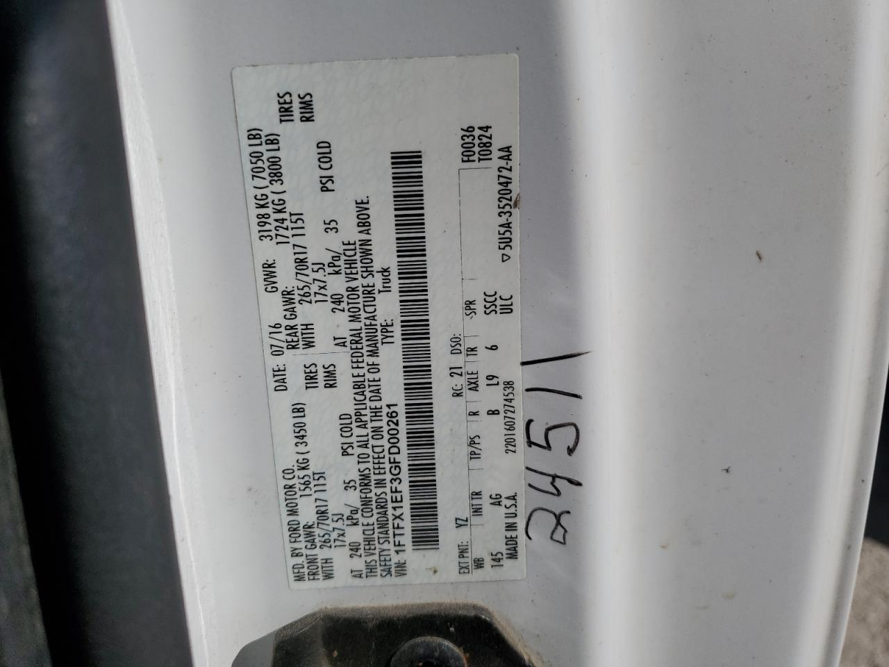 2016 Ford F150 Super Cab VIN: 1FTFX1EF3GFD00261 Lot: 72043665