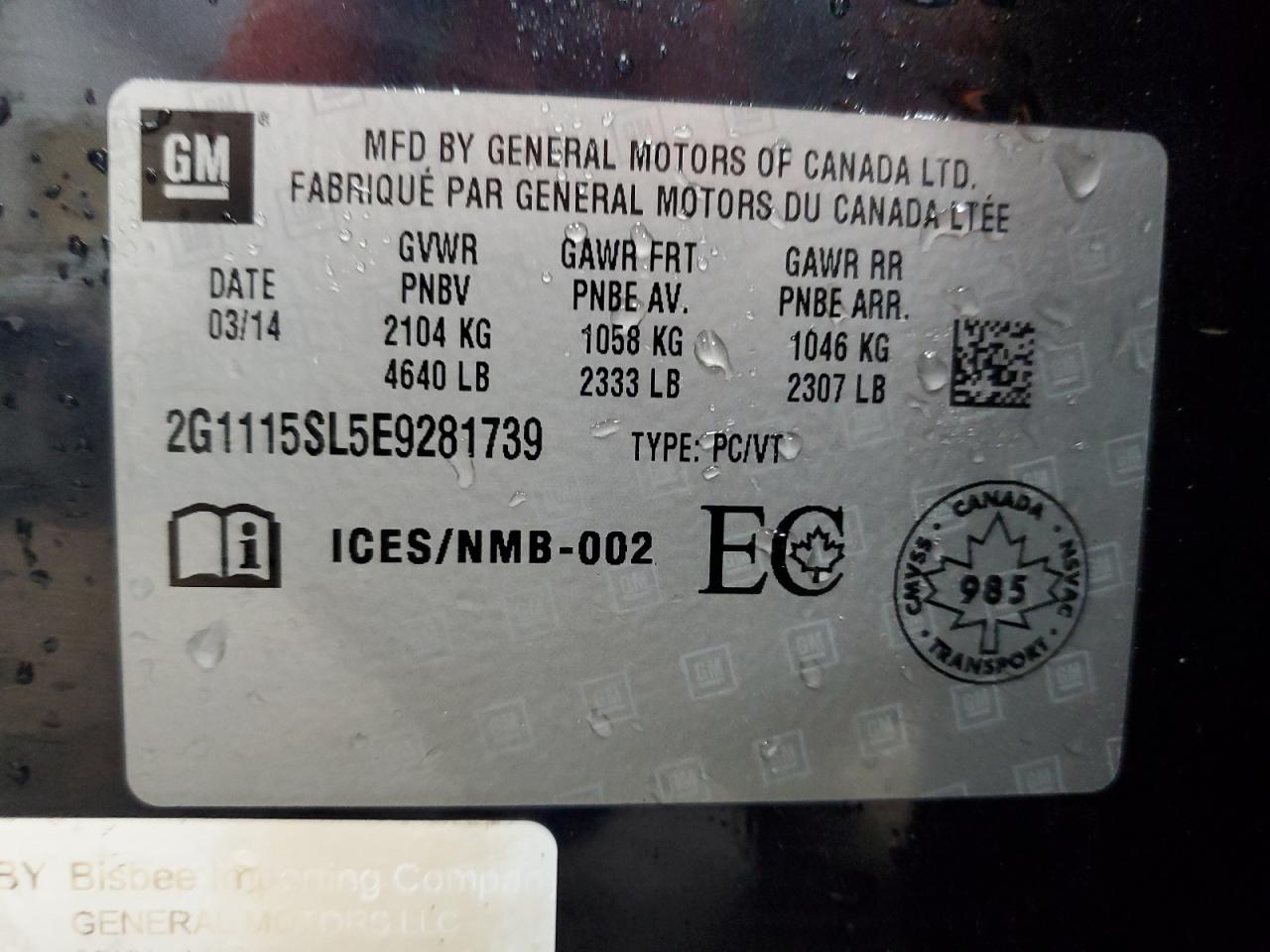 2014 Chevrolet Impala Lt VIN: 2G1115SL5E9281739 Lot: 80500115