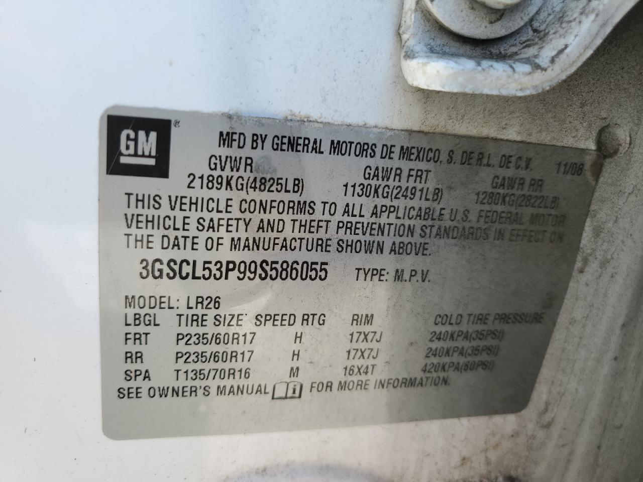 2009 Saturn Vue Xr VIN: 3GSCL53P99S586055 Lot: 68096435