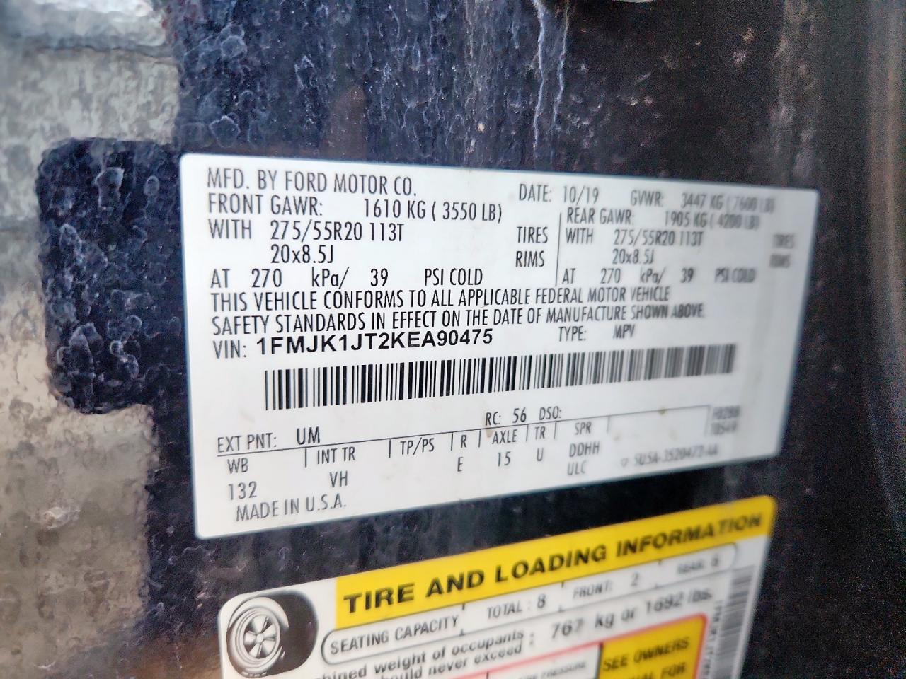 2019 Ford Expedition Max Xlt VIN: 1FMJK1JT2KEA90475 Lot: 84599775