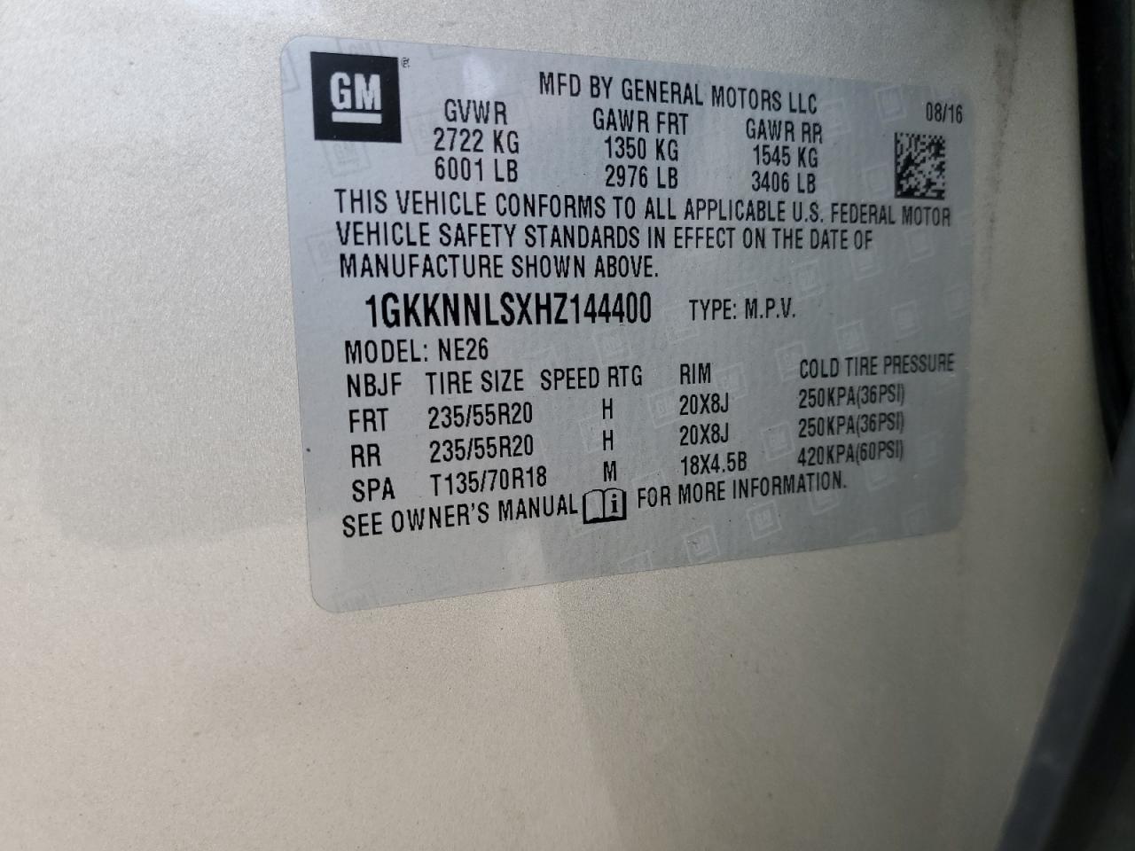 2017 GMC Acadia Slt-2 VIN: 1GKKNNLSXHZ144400 Lot: 81586775