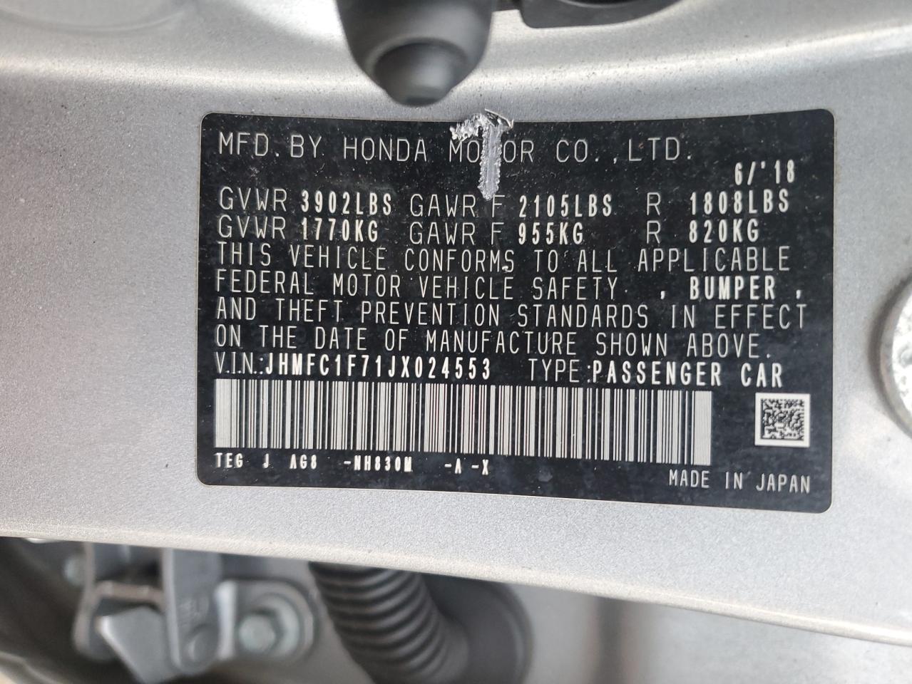 2018 Honda Civic Exl VIN: JHMFC1F71JX024553 Lot: 81727075