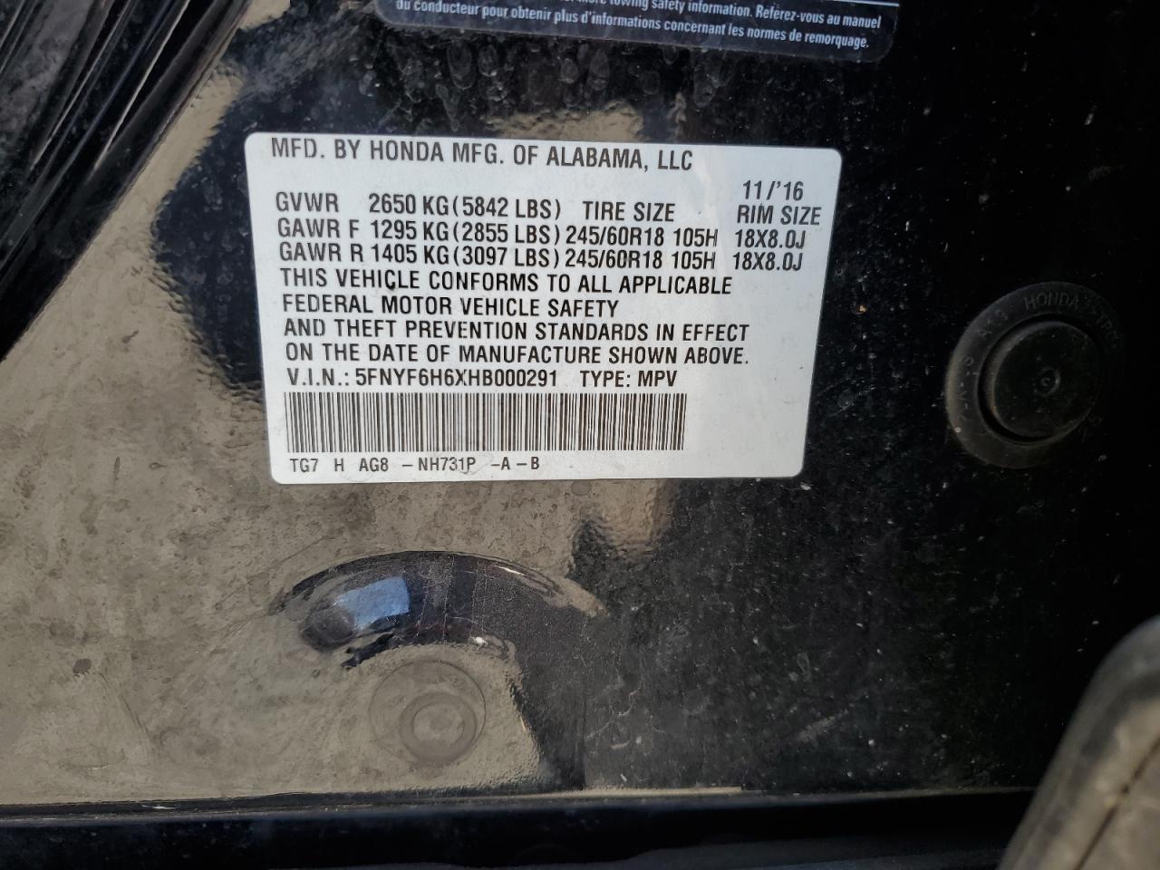 2017 Honda Pilot Exl VIN: 5FNYF6H6XHB000291 Lot: 81318355