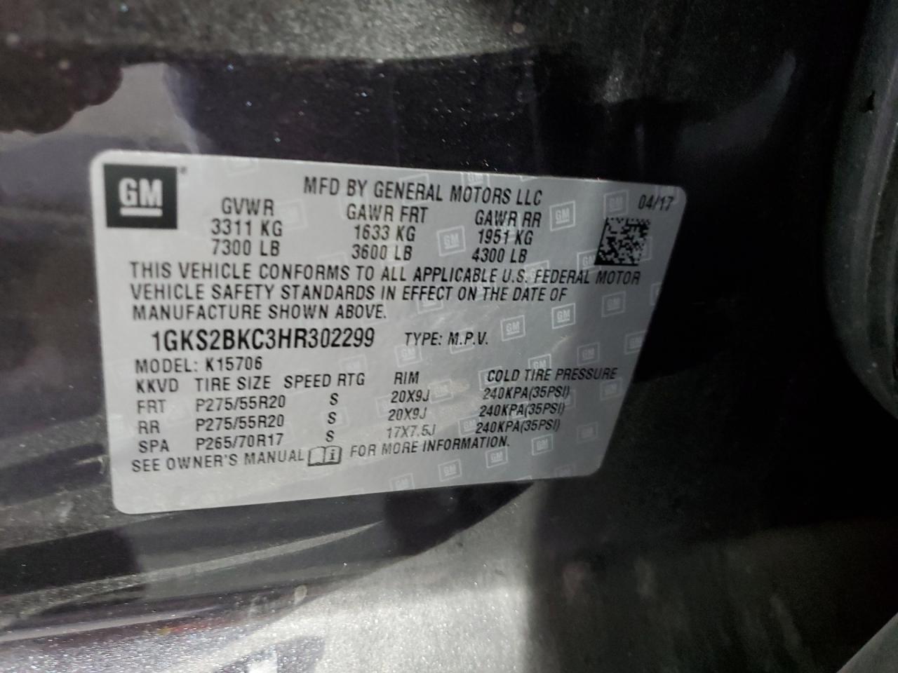2017 GMC Yukon Slt VIN: 1GKS2BKC3HR302299 Lot: 81277645