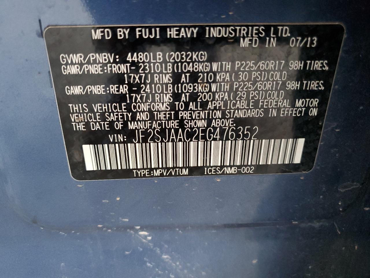 2014 Subaru Forester 2.5I VIN: JF2SJAAC2EG476352 Lot: 82134405