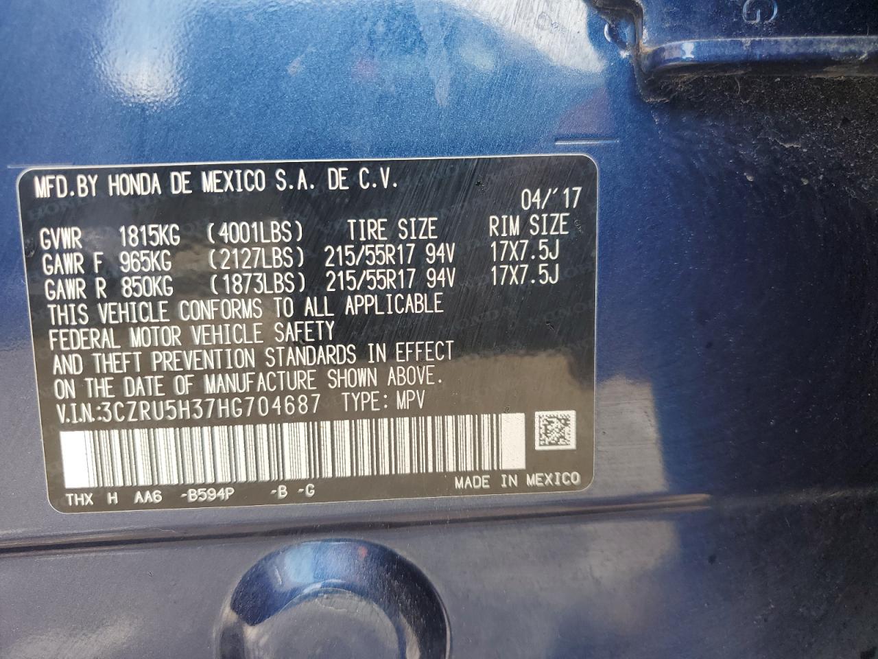 2017 Honda Hr-V Lx VIN: 3CZRU5H37HG704687 Lot: 83842985