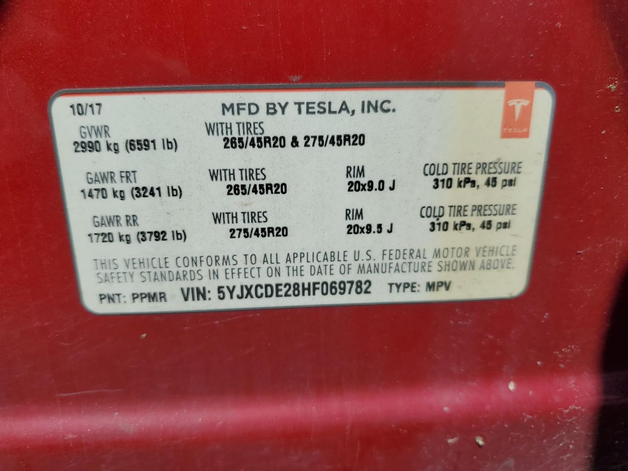 2017 Tesla Model X VIN: 5YJXCDE28HF069782 Lot: 81574895