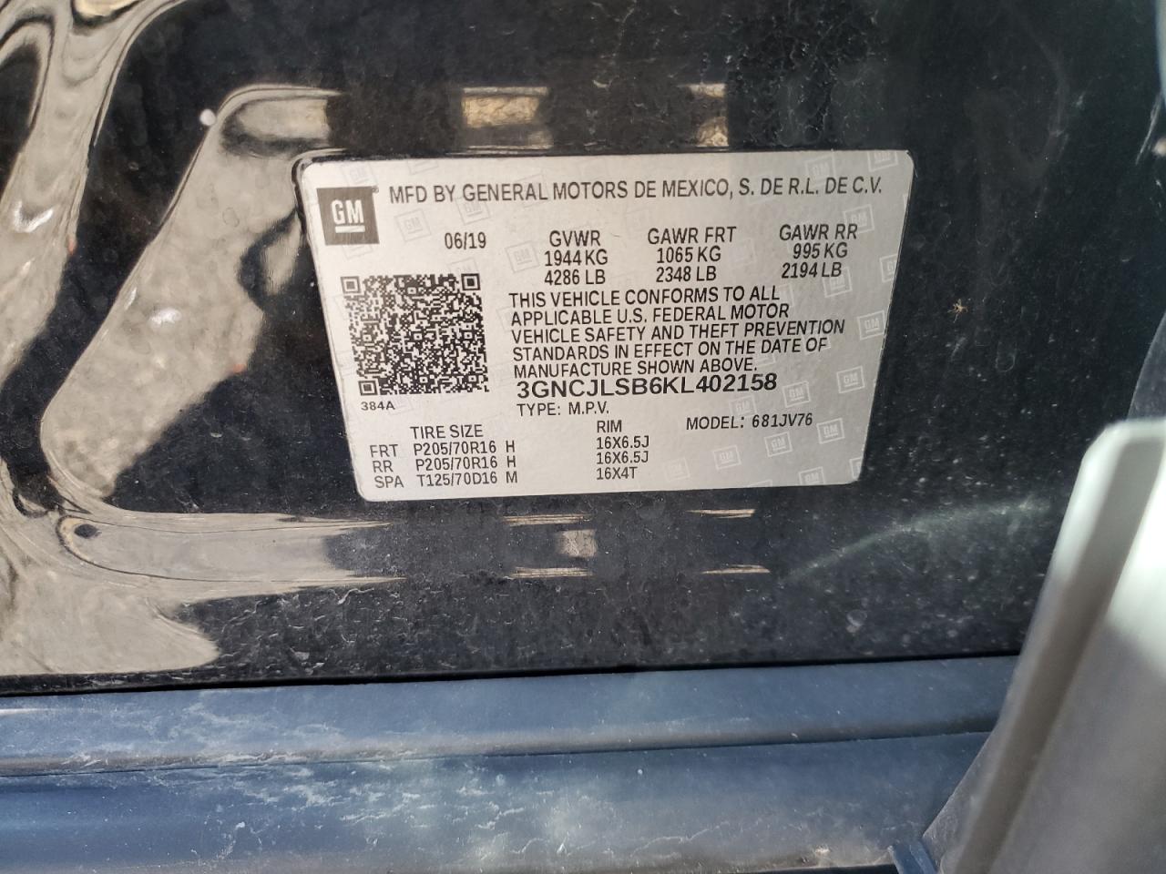 2019 Chevrolet Trax 1Lt VIN: 3GNCJLSB6KL402158 Lot: 84395065