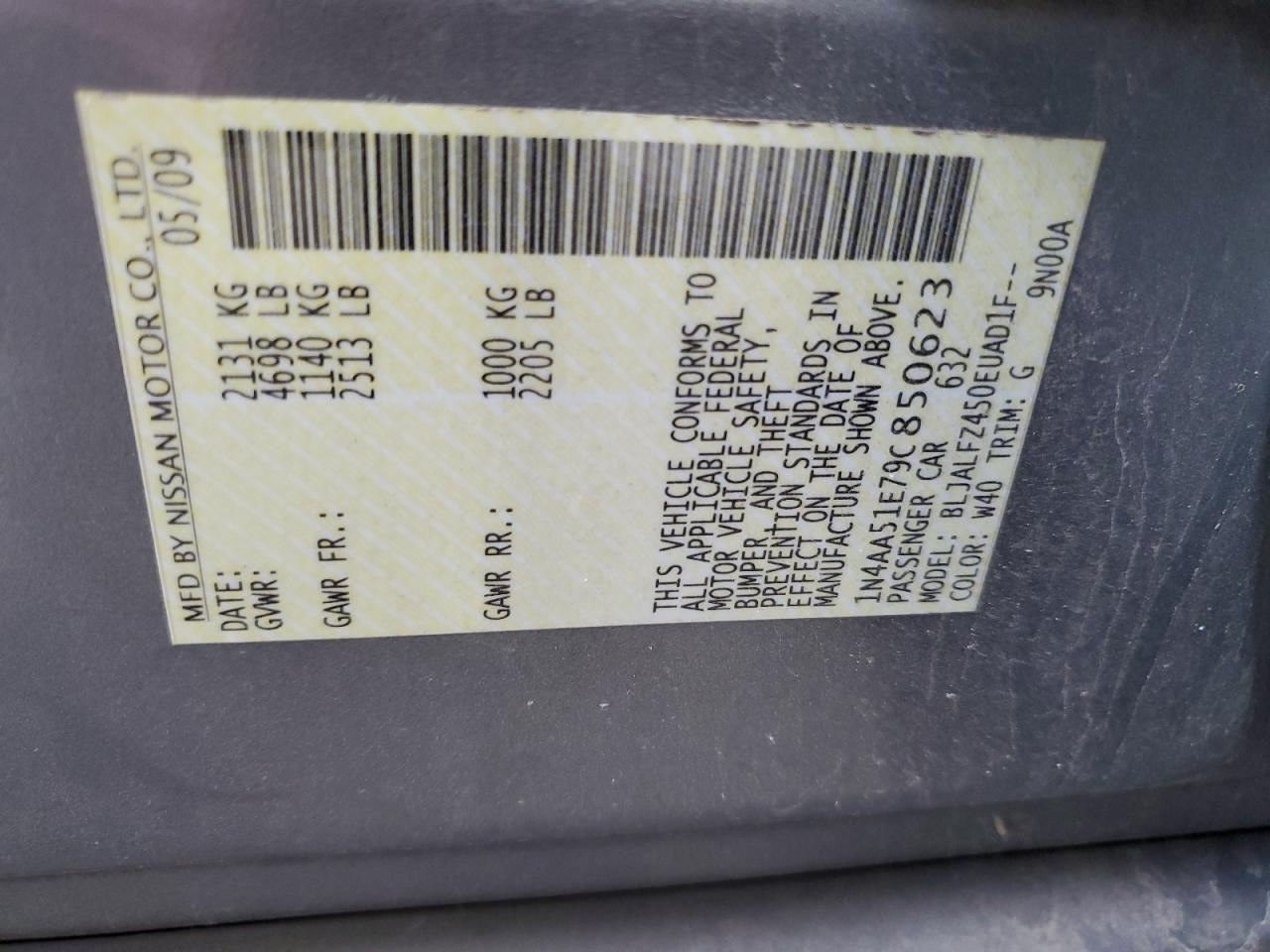 2009 Nissan Maxima S VIN: 1N4AA51E79C850623 Lot: 83852545