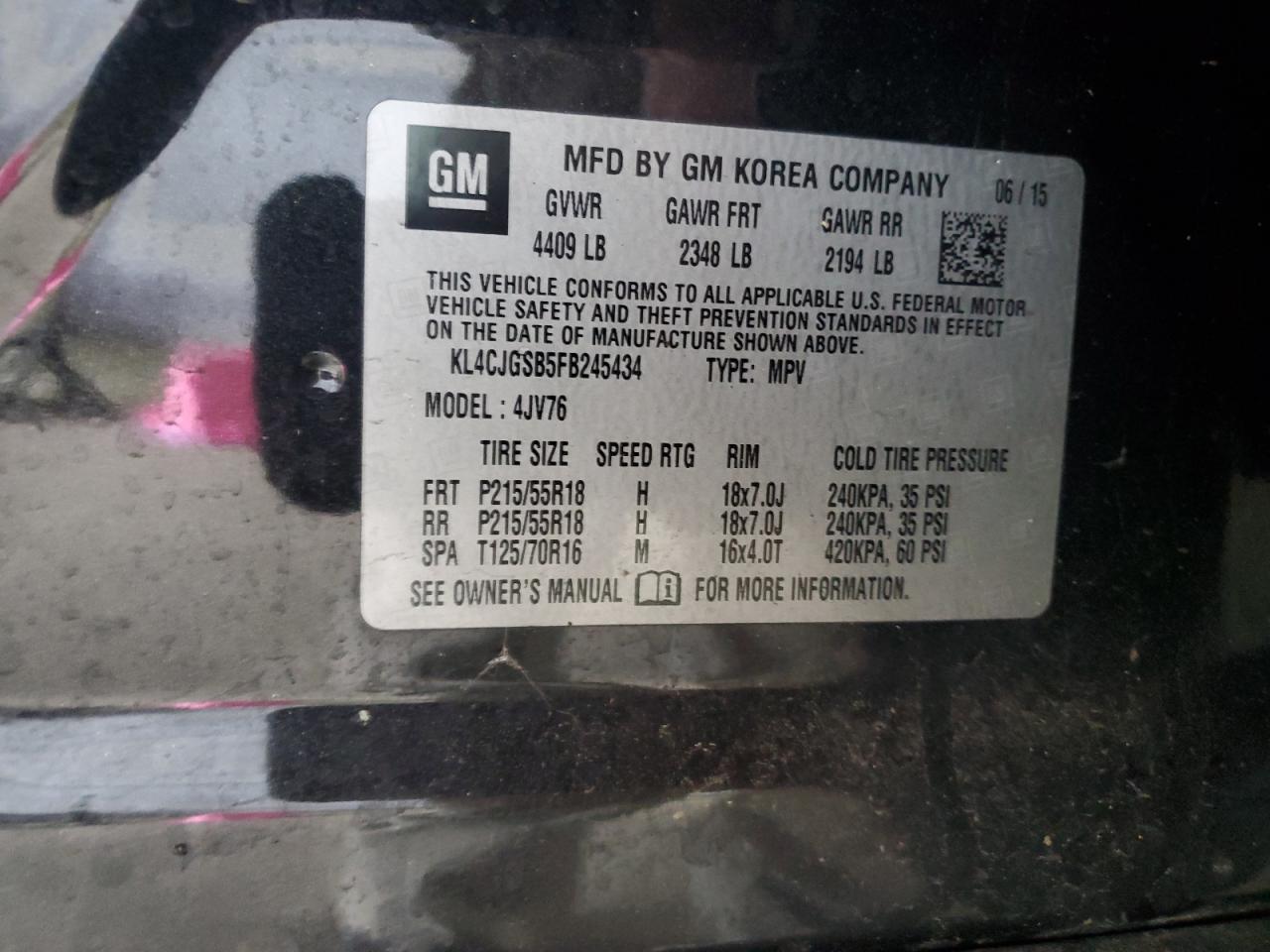 2015 Buick Encore VIN: KL4CJGSB5FB245434 Lot: 80823955