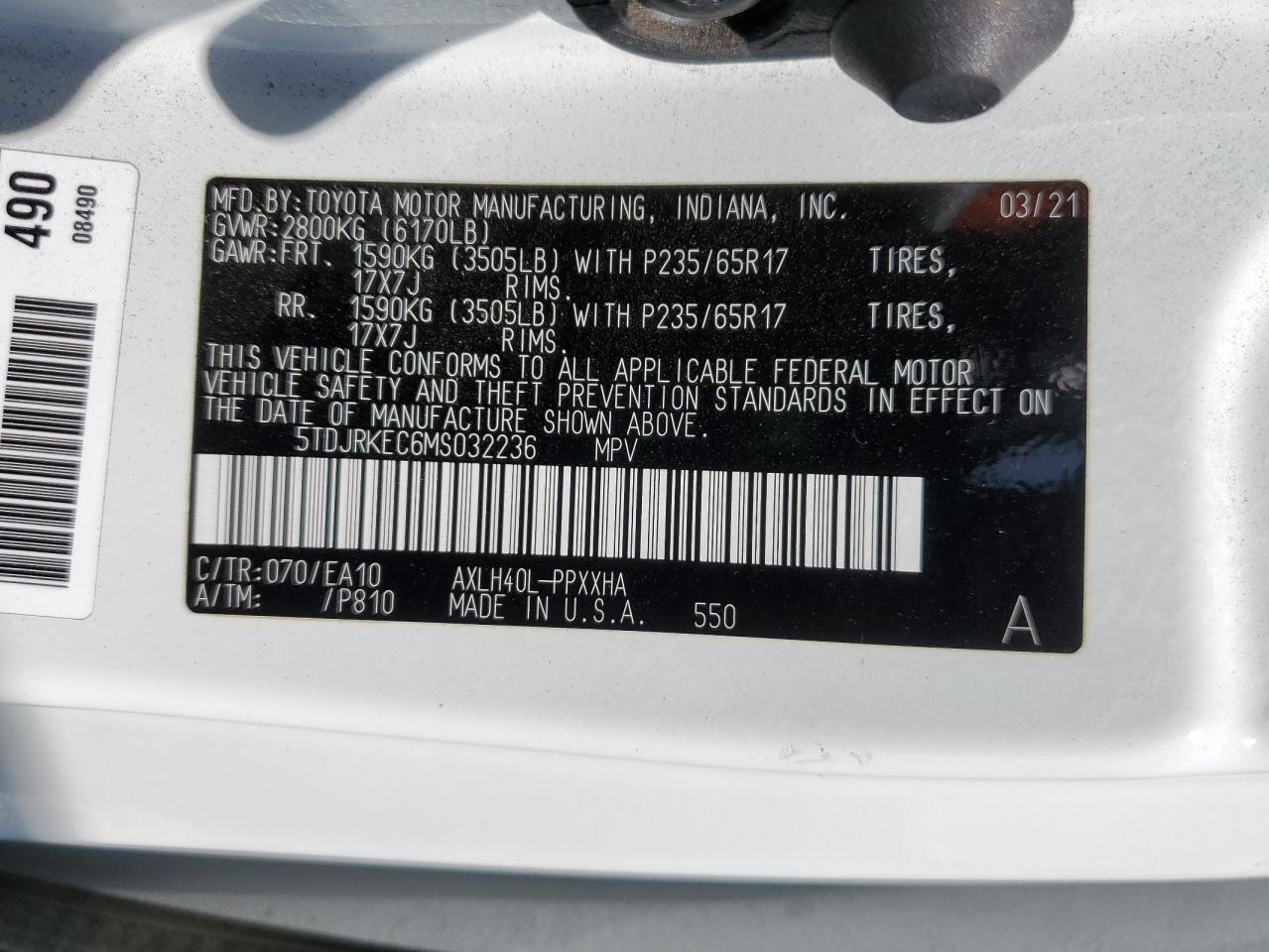 2021 Toyota Sienna Xle VIN: 5TDJRKEC6MS032236 Lot: 80686875