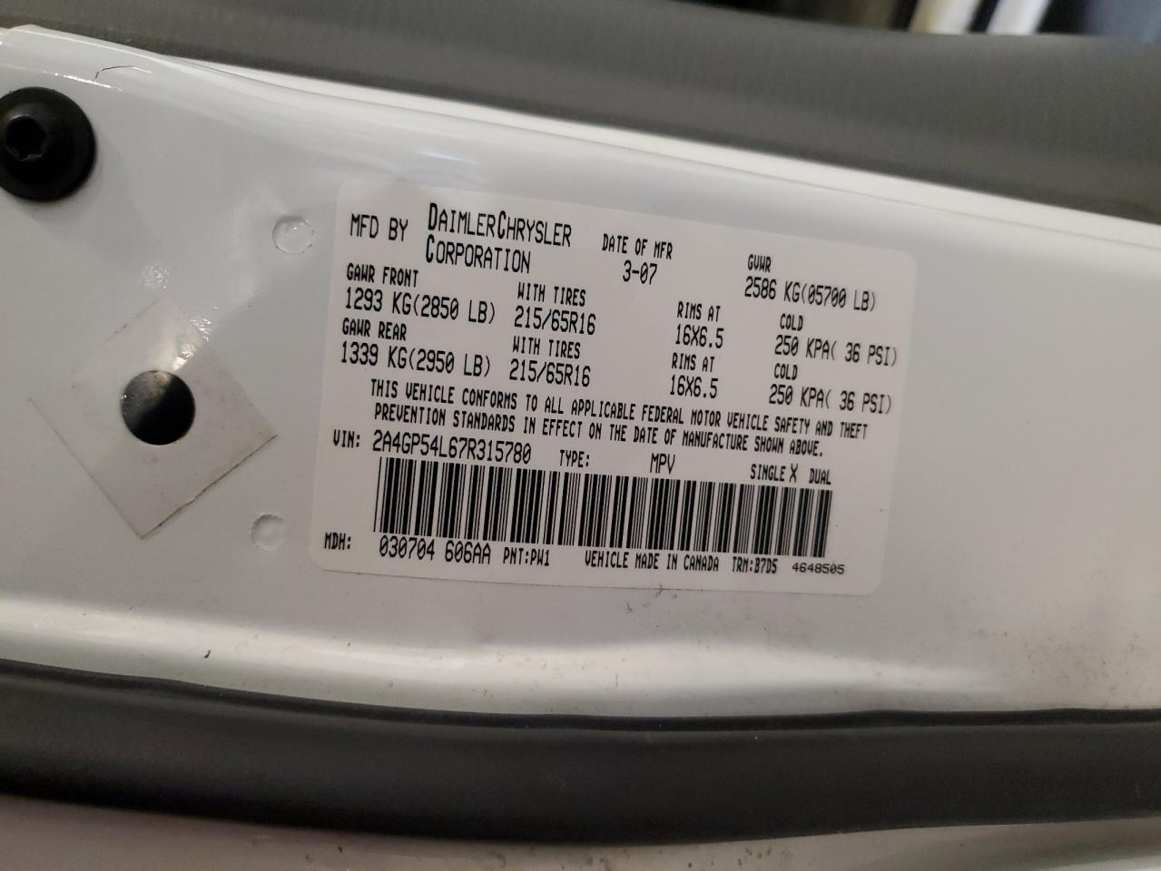 2007 Chrysler Town & Country Touring VIN: 2A4GP54L67R315780 Lot: 81078755